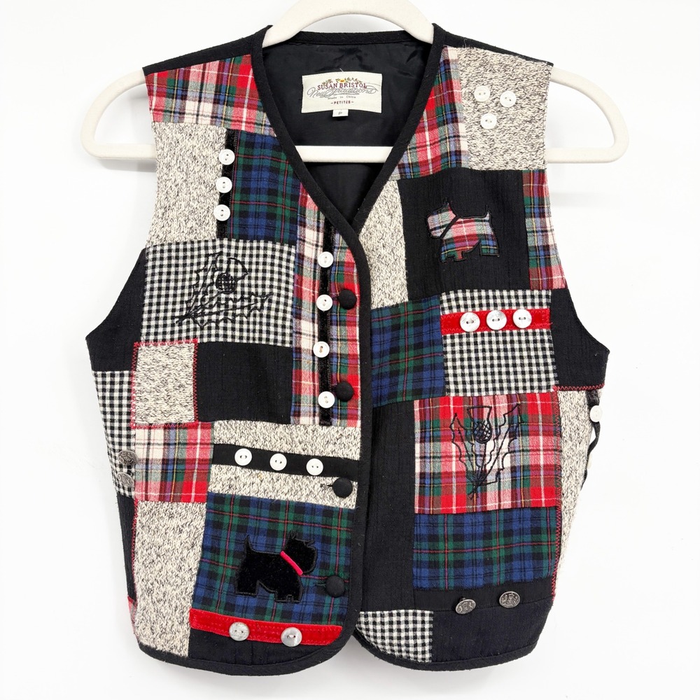 Susan Bristol Womens Vintage Patchwork Plaid Scottie Dog Cottagecore Vest OS P